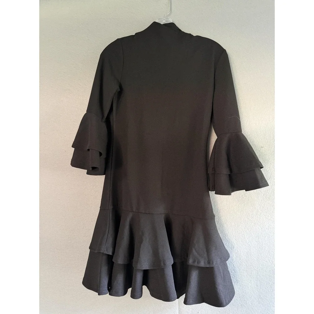 She + Sky Dress Womens Small Black Ruffle Bell Sleeve Mock Neck Shift Party